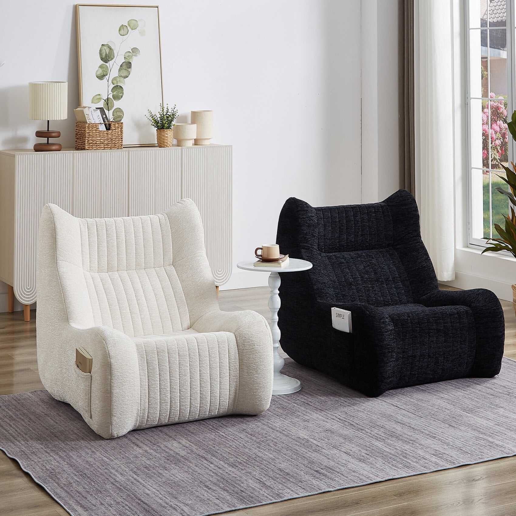 Giant Bean Bag Chairs for Adults, Chenille Lazy Floor Sofa with 21-inch High Backrests and Side Pocket, Cozy Accent Lounge Chair for Living Room, White