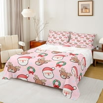 Manfei Cute Santa Claus Bed Sheets, Kawaii Christmas Reindeer King Sheets, Cartoon Stars Print Sheet Set, Microfiber Bedroom Decor, 4 Pieces