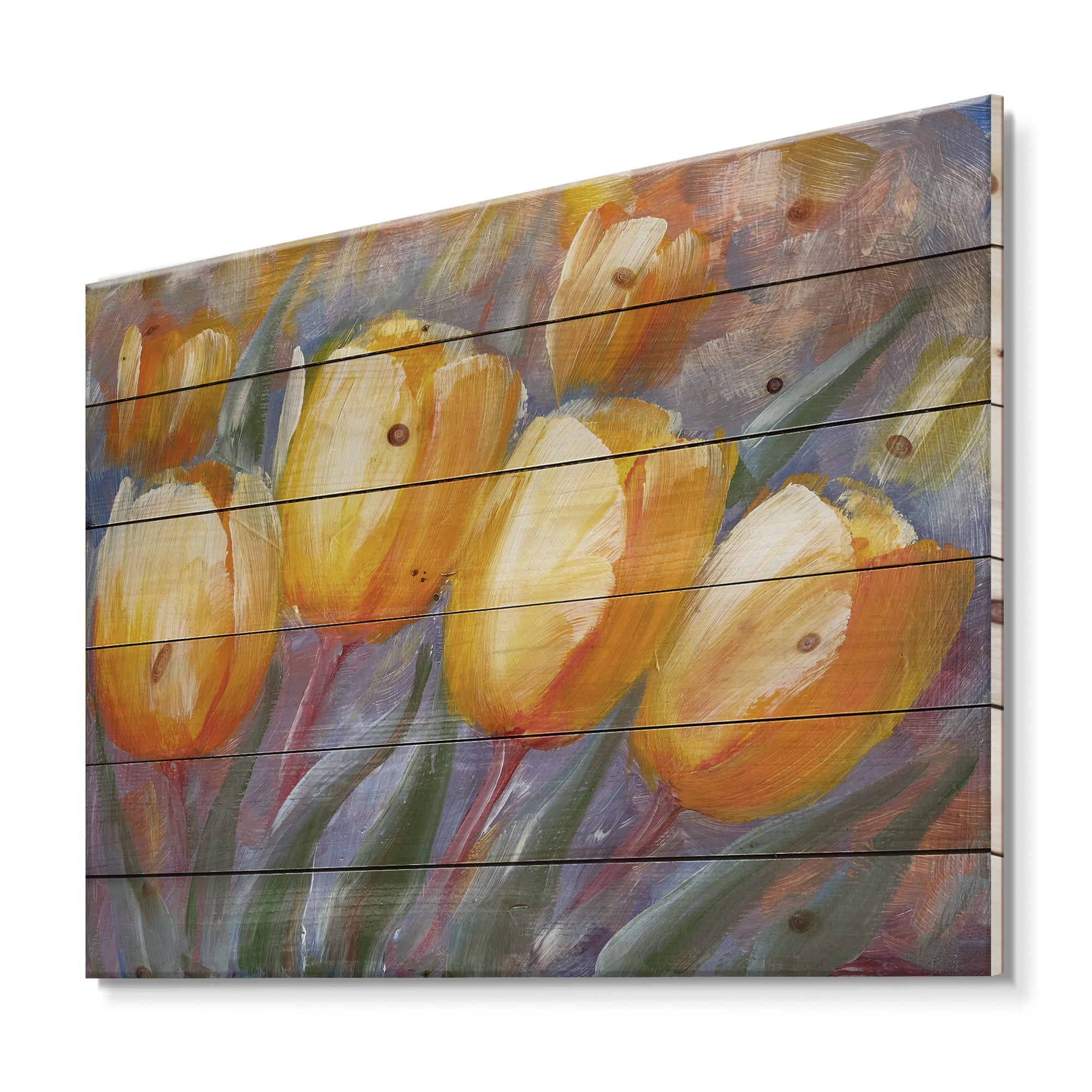Designart 'Abstract Yellow Blooming Tulips' Traditional Print on Natural Pine Wood