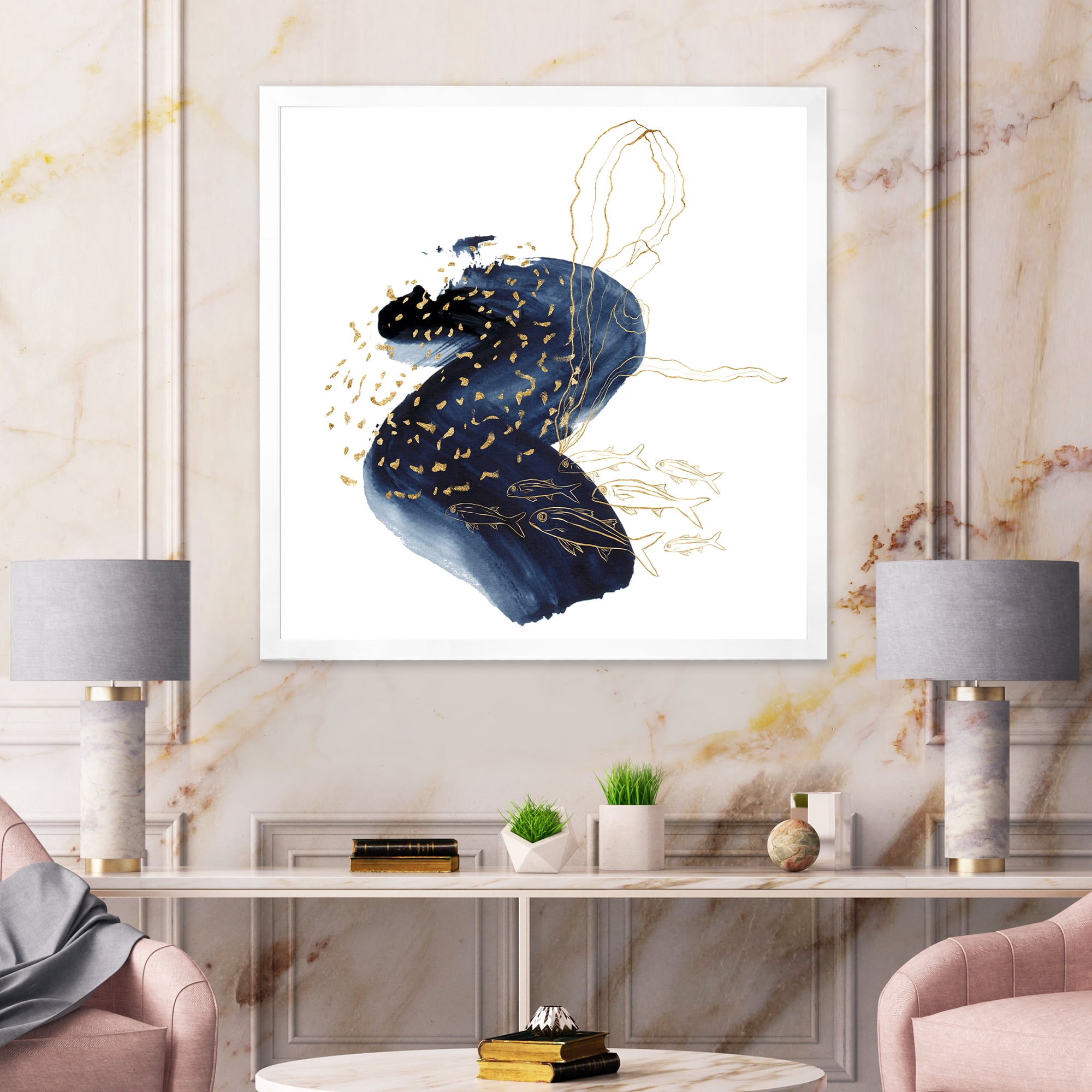 Designart 'Underwater Marine Life Classic Blue Square ' Farmhouse Framed Art Print