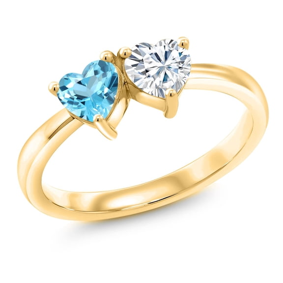 Gem Stone King 18K Yellow Gold Plated Silver Fashion Right-Hand Ring Set with Heart Shape Swiss Blue Topaz and Moissanite (1.05 Cttw, Size 9)