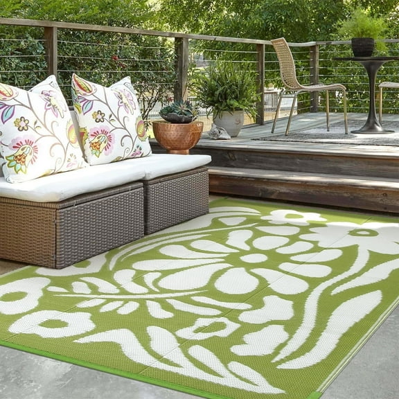 Lahome 5'x8' Waterproof Outdoor Rug - Reversible Plastic Straw Mat,Green Floral Design for Backyard, Deck & Picnic (Green Floral)