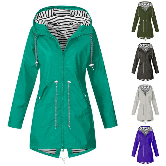Qetyuw Veste de Pluie Imperméable pour Femmes Légère à Fermeture Éclair Complète avec Capuche pour Randonnée en Plein Air avec Poches