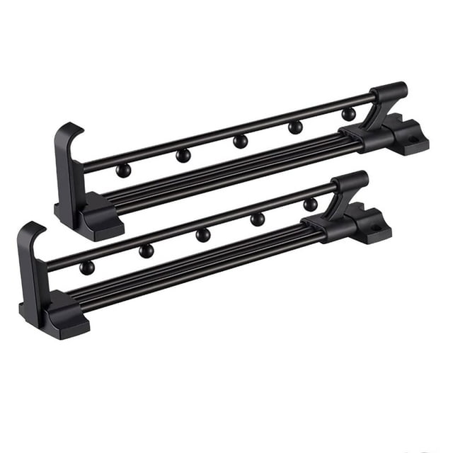 pack de 2 barras extensibles para perchero extraíble extensibles para armario perchero ajustable para ropa, dos rieles metálicos negros telescópicos de 30 cm con cinco perillas esféricas cada uno, montaje con cubiertas decorativas y tornillos, tubos reforzados y acabado negro mate, aptos para colgar ropa y toallas en armarios, alacenas o debajo de encimeras; a menudo también se usan para organizar bufandas o cinturones.
