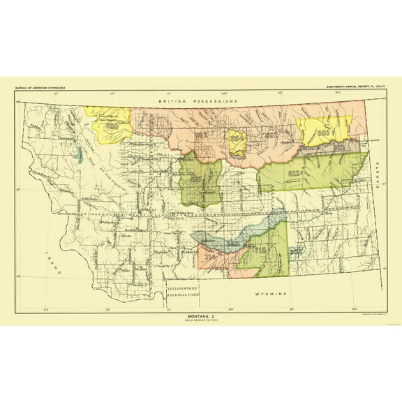 Historic State Map - Montana Yellowstone National Park - Hoen 1896 - Vintage Wall Art