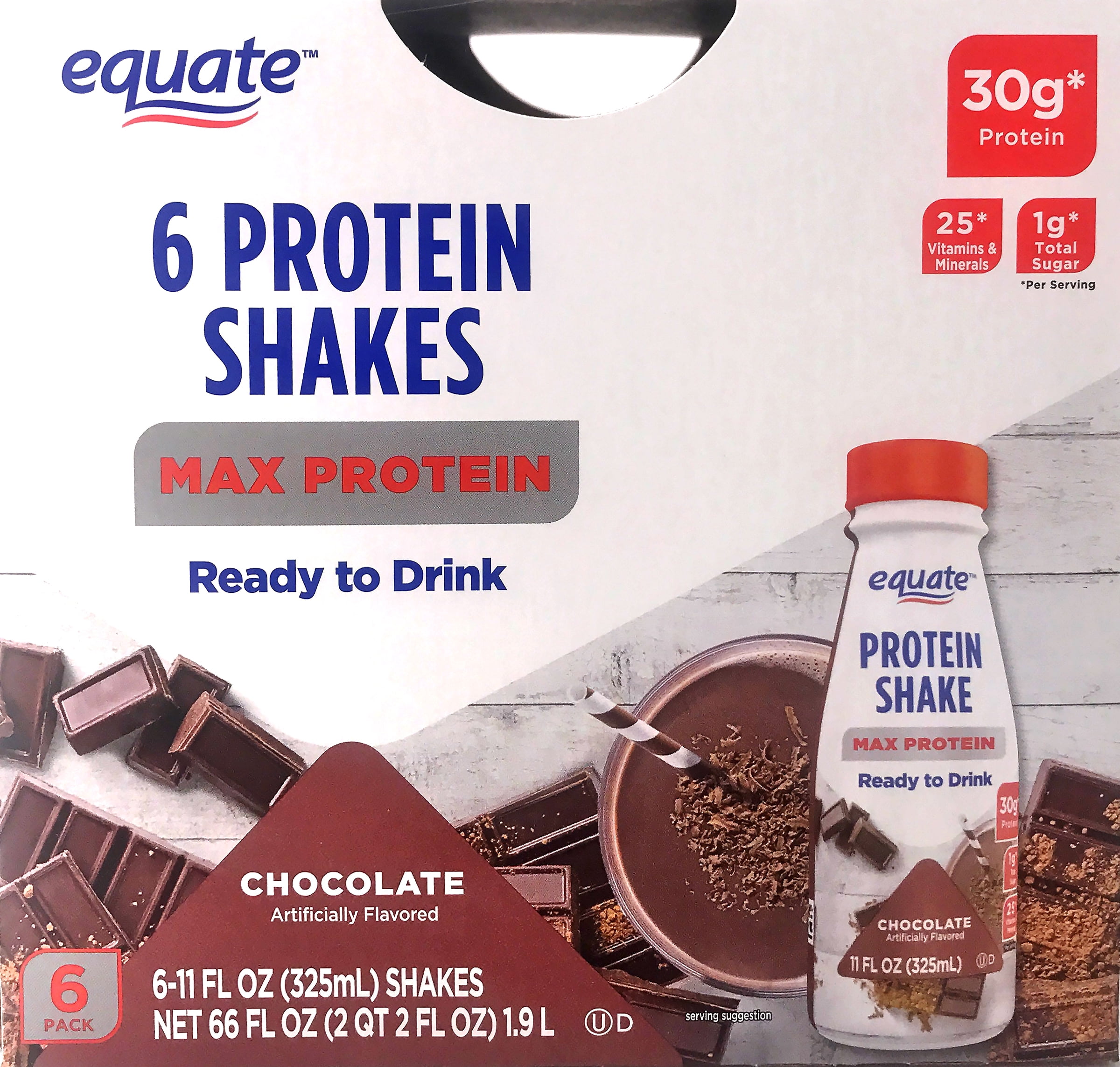 Equate Protein Shakes, Max Protein, Chocolate, 6 Count
