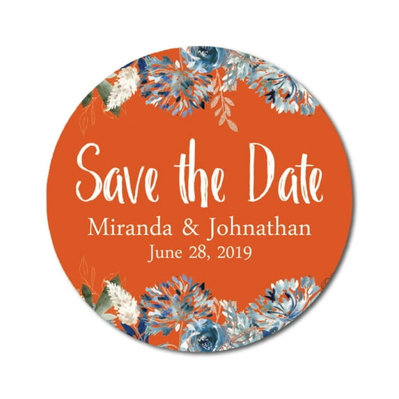Darling Souvenir Round 45 Pcs Floral Border Save The Date Stickers Wedding Personalized Bride Groom Names And Date Envelope Seals - Orange