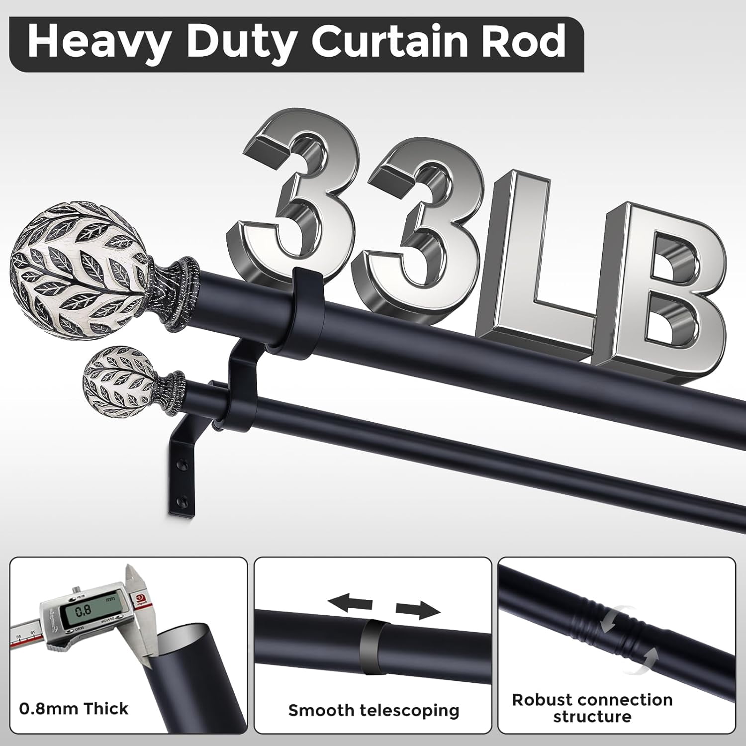 Black Double Curtain Rod 36-124 Inch, Boho Decorative Long Dual Curtain Rods for Windows, 1" Adjustable Heavy Duty Double Rod, Unique Handmade Leaf Finial Design