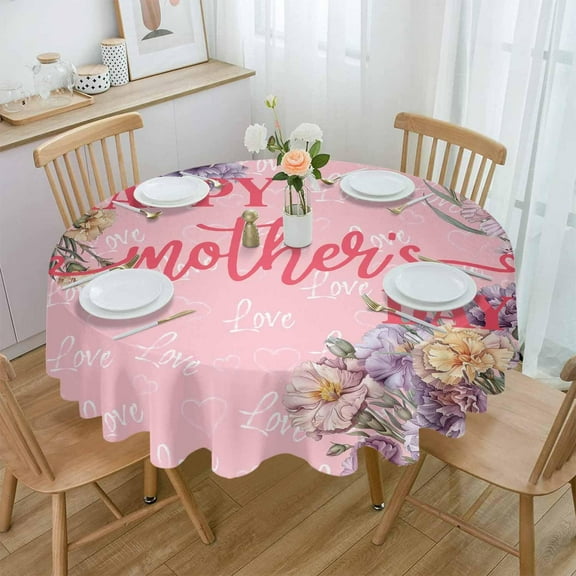 Happy Mother''s Day Round Tablecloth 60 Inch - Waterproof Fabric Table Cloth Protector, Pink Love Heart Purple Spring Floral Tablecloths Washable Table Cover for Kitchen Banquet Party