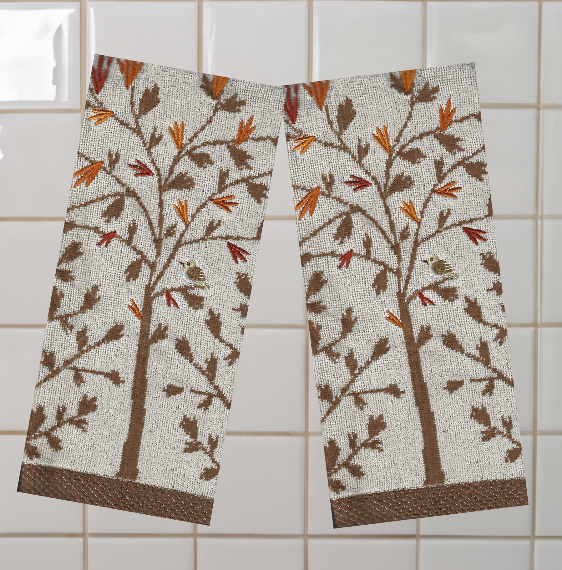 Fall Bath Hand Towels, Set of 2 Beige, Brown Tree and Leaves Celebrate