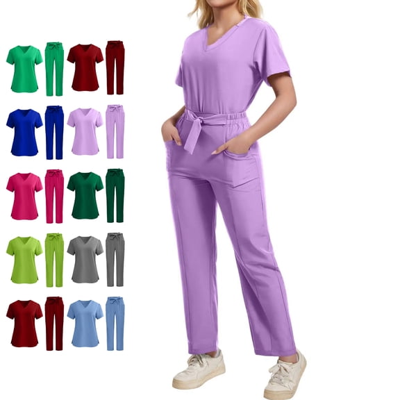 Scrubs for Women Short Sleeve V Neck Soft Stretch Scrub Tops Women and Scrub Pants Medical Nursing Uniform Wrinkle-Resistant Work Uniform Light Purple S