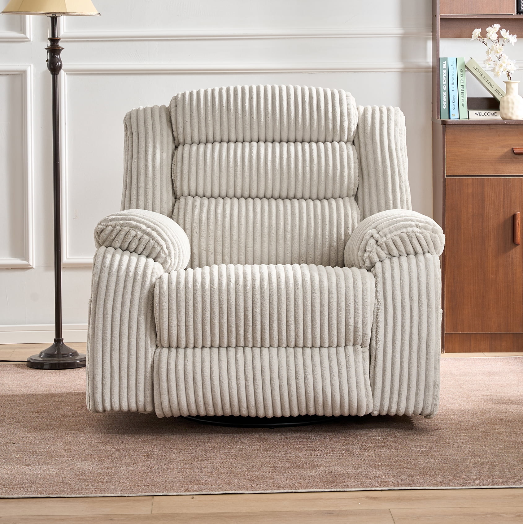 Leumius Extra Wide Power Recliner Chair,270° Swivel Rocking Chair with Heat & Massage,USB & Type C Charging Port,Velvet Upholstered Recliner with Side Pockets for Living Room, Bedroom, Nursery,White