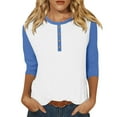 thumbnail image 2 of Summer Women Shirt Women's Fashion Casual Round Neck 3/4 Sleeve Color Block Button T-shirt Top, 2 of 6
