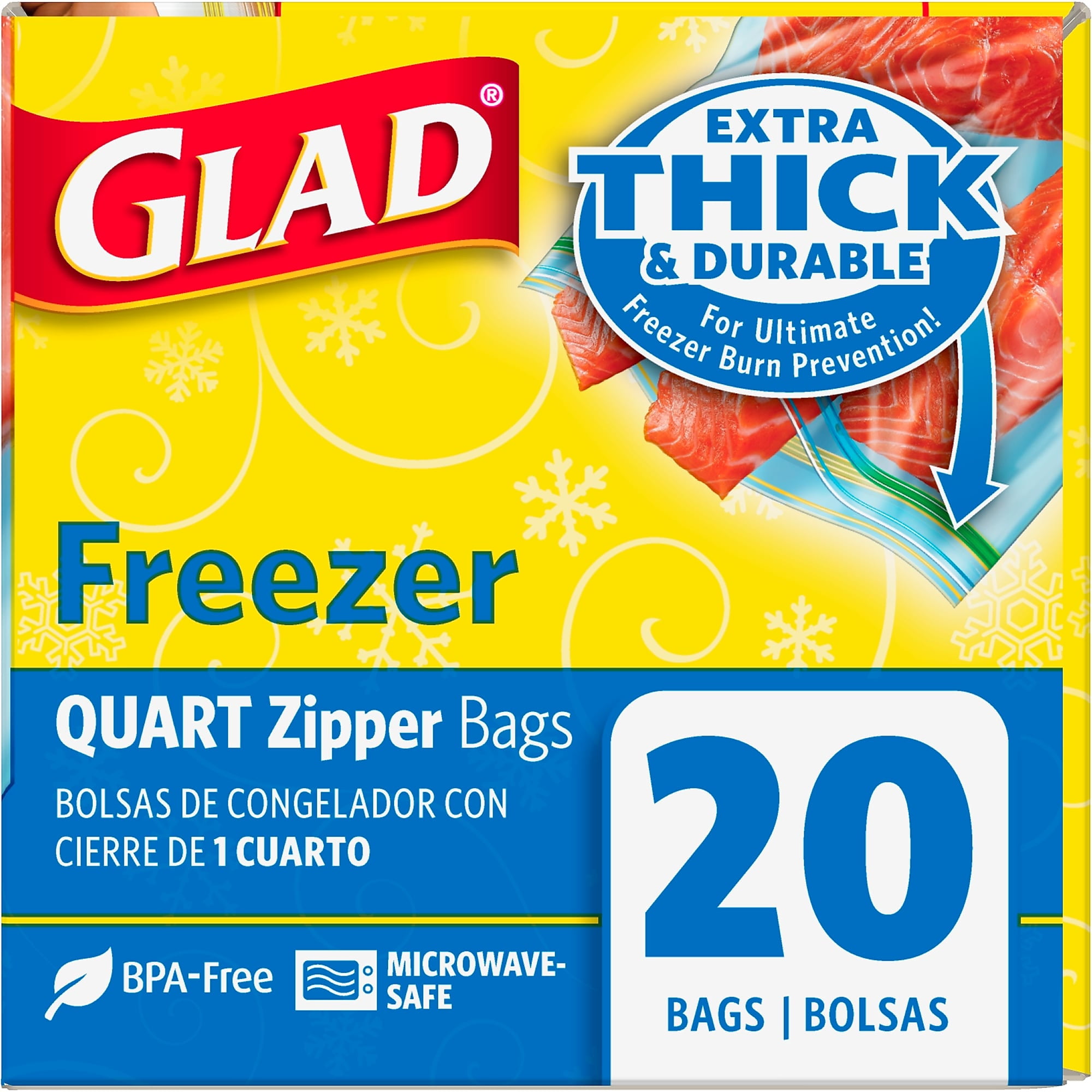 Glad Freezer Quart Zipper Bags, 30 count