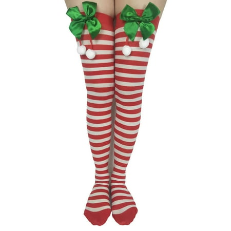 

Women Christmas Striped Thigh High Stockings with Santa Claus Bow Over Knee Sock