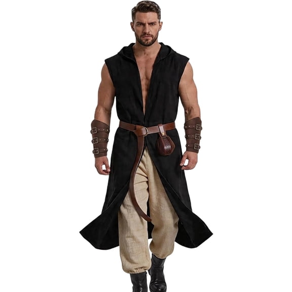 ZGRBOU Renaissance Costume for Men Medieval Viking Hooded Sleeveless Surcoat Tunic Set for Halloween Cosplay Five Piece Set