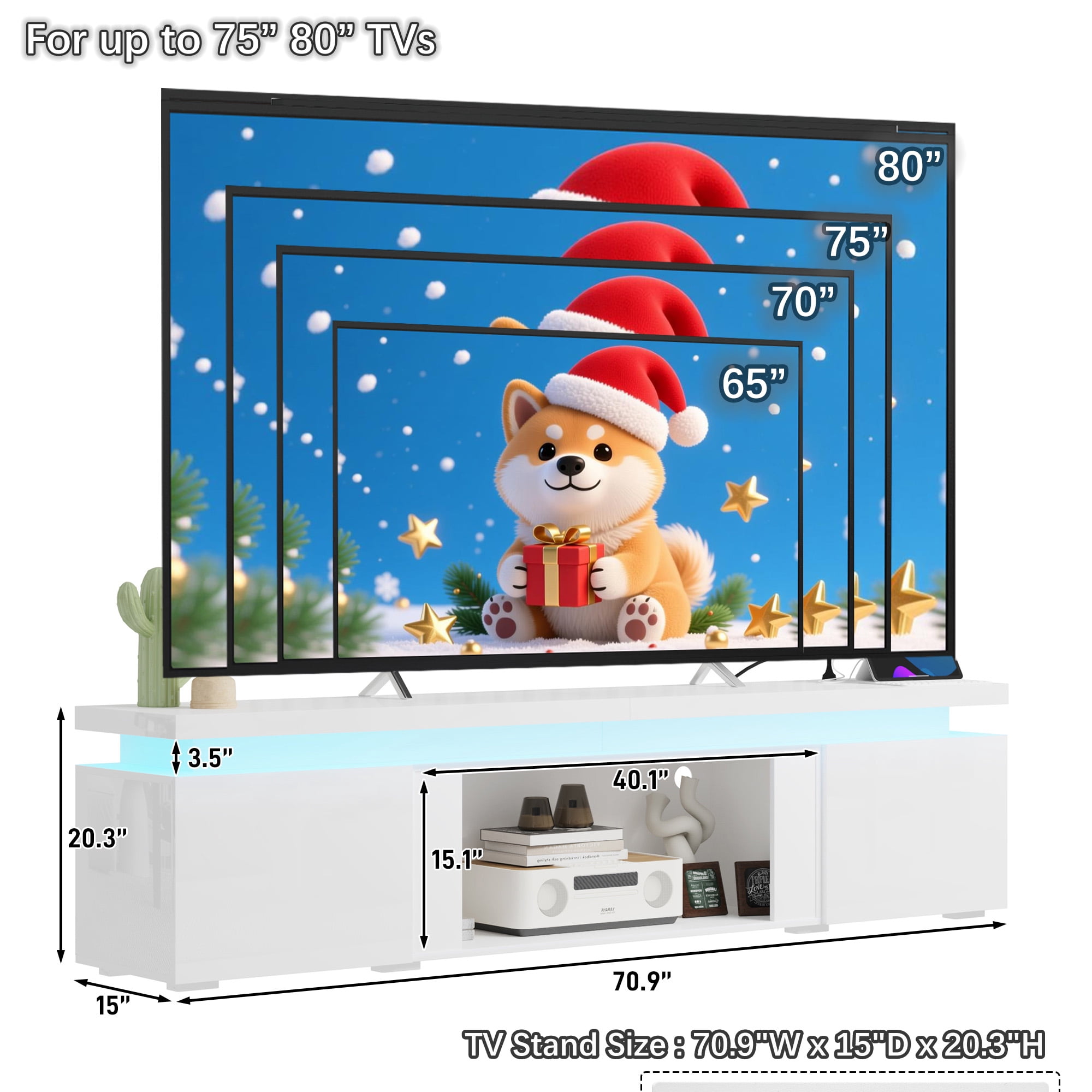 71" LED TV Stand with 40" Fireplace Slot & Power Outlet, High Gloss Fireplace TV Stand for 65 70 75 80 inch TVs, Modern Media Console Entertainment Center (No Fireplace)