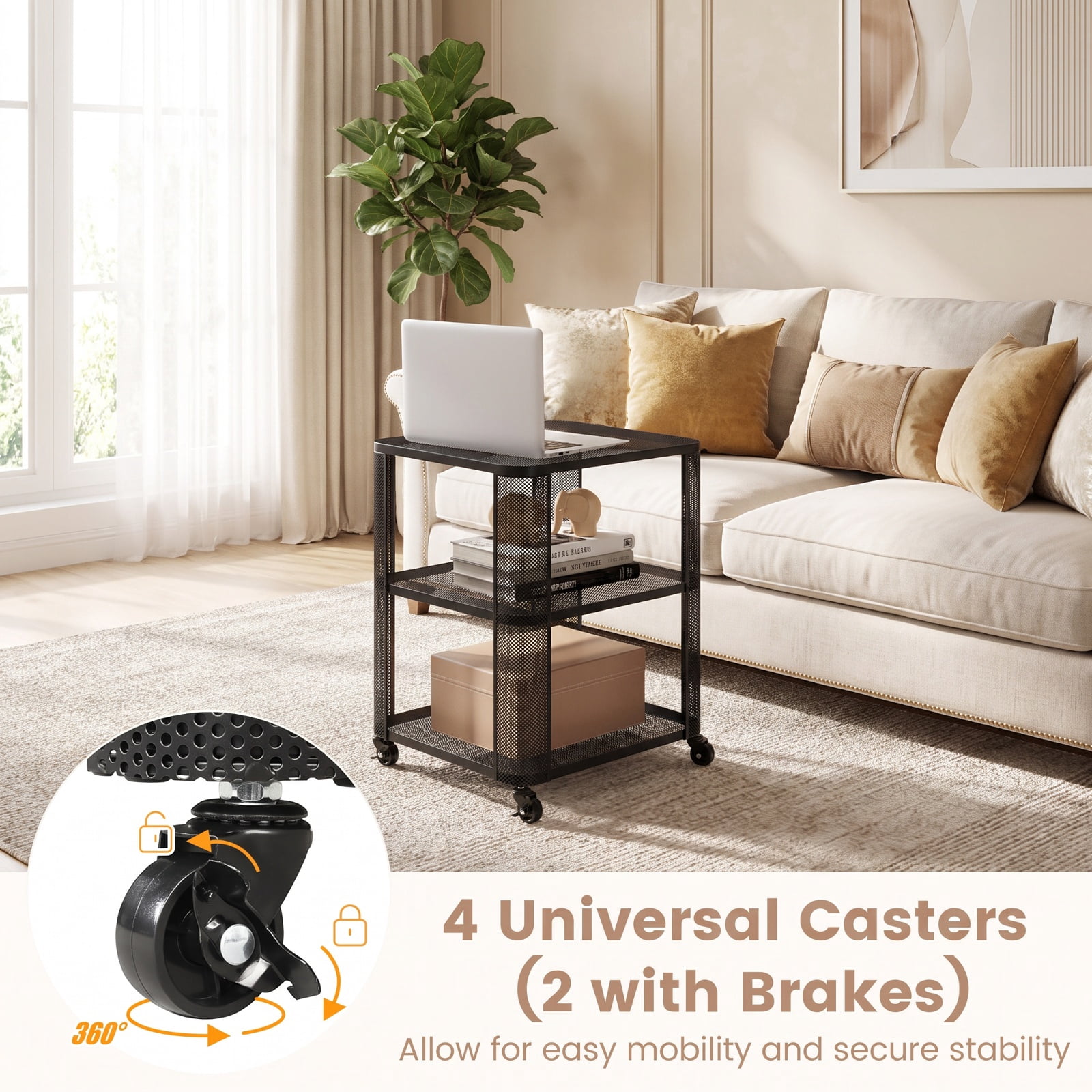 Furnibear 3 Tier Rolling End Table Set of 2 with Locking Casters and Metal Mesh Storage Shelves for Living Room Bedroom and Dorm, Black