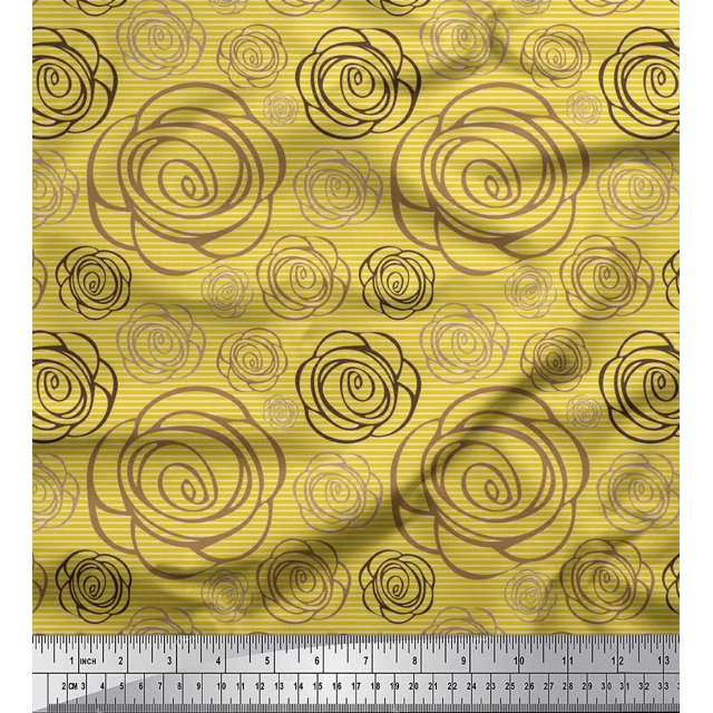 Soimoi Yellow polyester Crepe Fabric Stripe & Ranunculus Floral Printed Craft Fabric by the Yard 42 Inch Wide