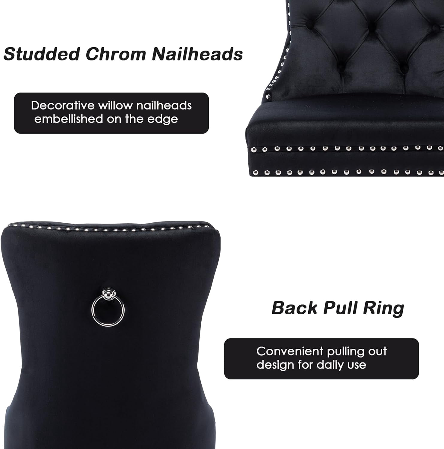 Velvet Dining Chairs Set of 4, Upholstered High-end Tufted Dining Room Chair with Nailhead Back Ring Pull Trim Solid Wood Legs, Nikki Collection Modern Style for Kitchen, Black