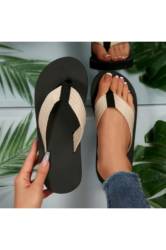 Women's Woven Fabric Strap Flip-Flop Sandals, Open Toe Flat Slip-On Casual Summer Thong Slides Indoor House Bedroom Beige 8.5