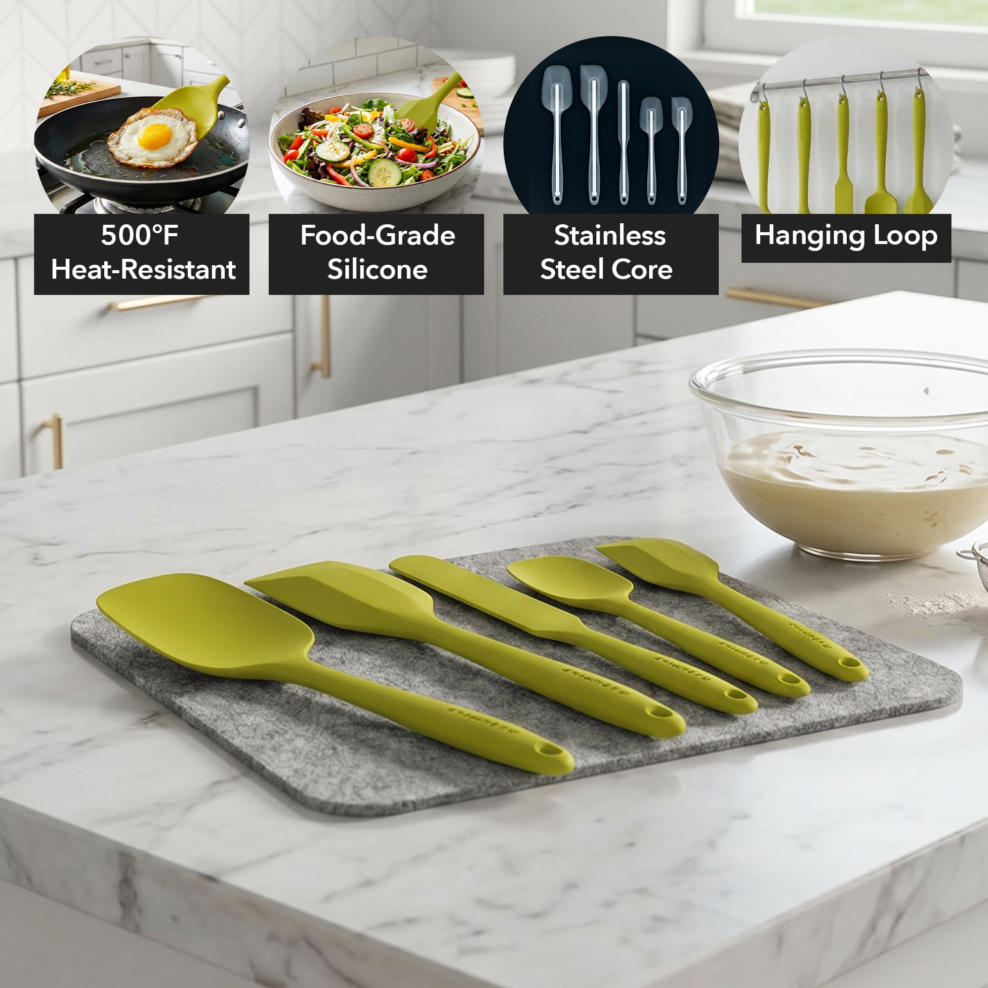 OVENTE Silicone Spatula Set of 5, Heat Resistant, Green SP12305G | Food Grade Rubber Spatula, BPA-Free and Dishwasher Safe, Nonstick Kitchen Utensils for Baking, Cooking and Mixing