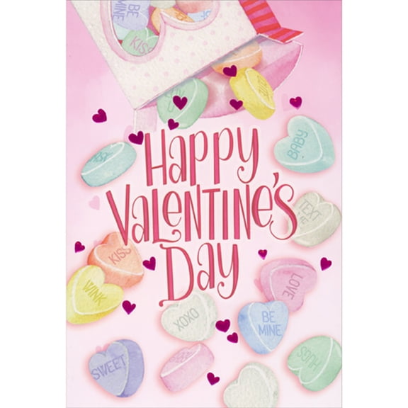 Pictura Candy Hearts and Pink Foil Hearts Falling from Box Valentine's Day Card