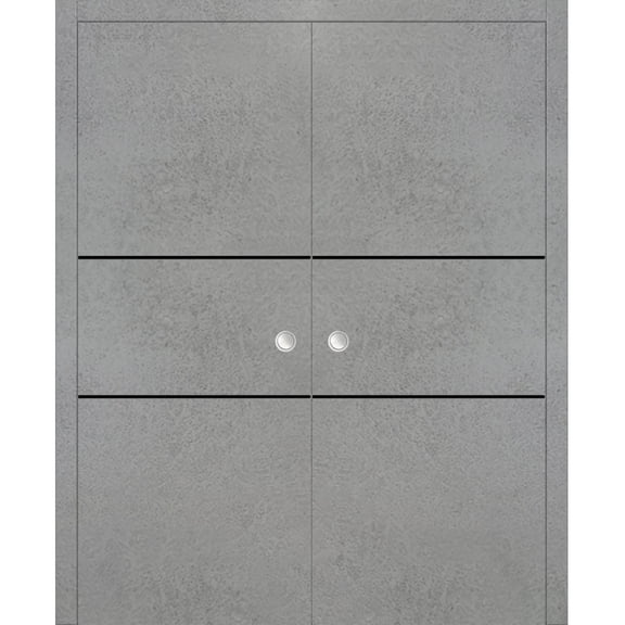 Sliding French Double Pocket Doors 36 x 80 inches | Planum 0014 Concrete with Frosted Glass | Kit Trims Rail Hardware | Solid Wood Interior Bedroom Sturdy Doors