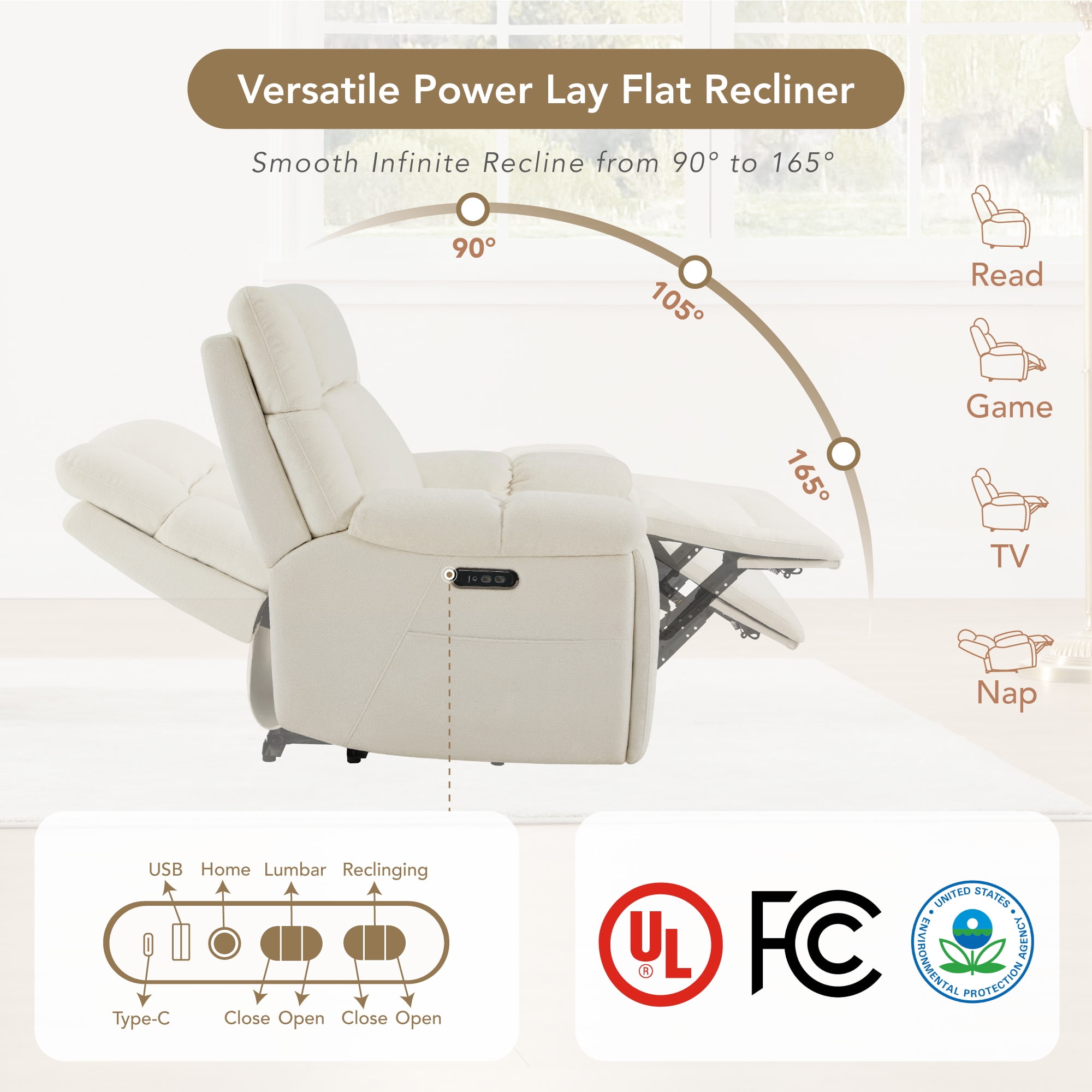 Spruce & Spring Power Lay Flat Recliner with Bluetooth Speakers & Lumbar Support, Cream