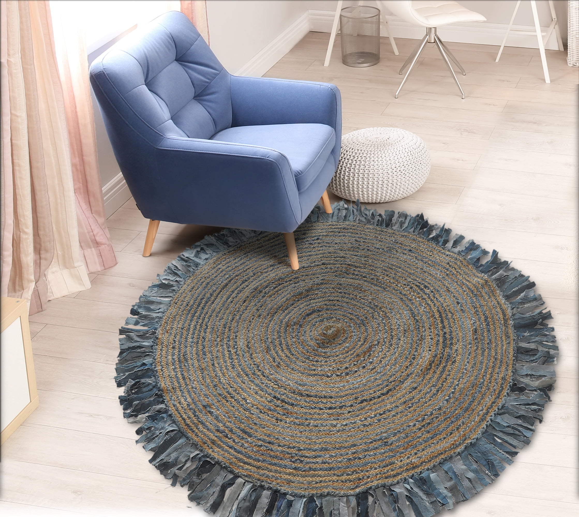 Desert Fields and Evette Rios Cora 5'6" Round Denim Blue Cotton and Jute Striped Fringe Indoor Area Rug