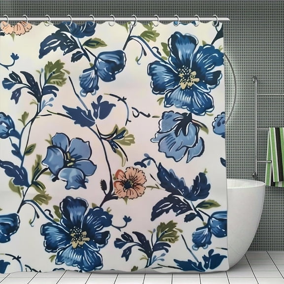 Blue Floral Pattern Print Shower Curtain,Modern Fabric Waterproof Shower Curtain Set with Hooks,70.8×70.8Inch
