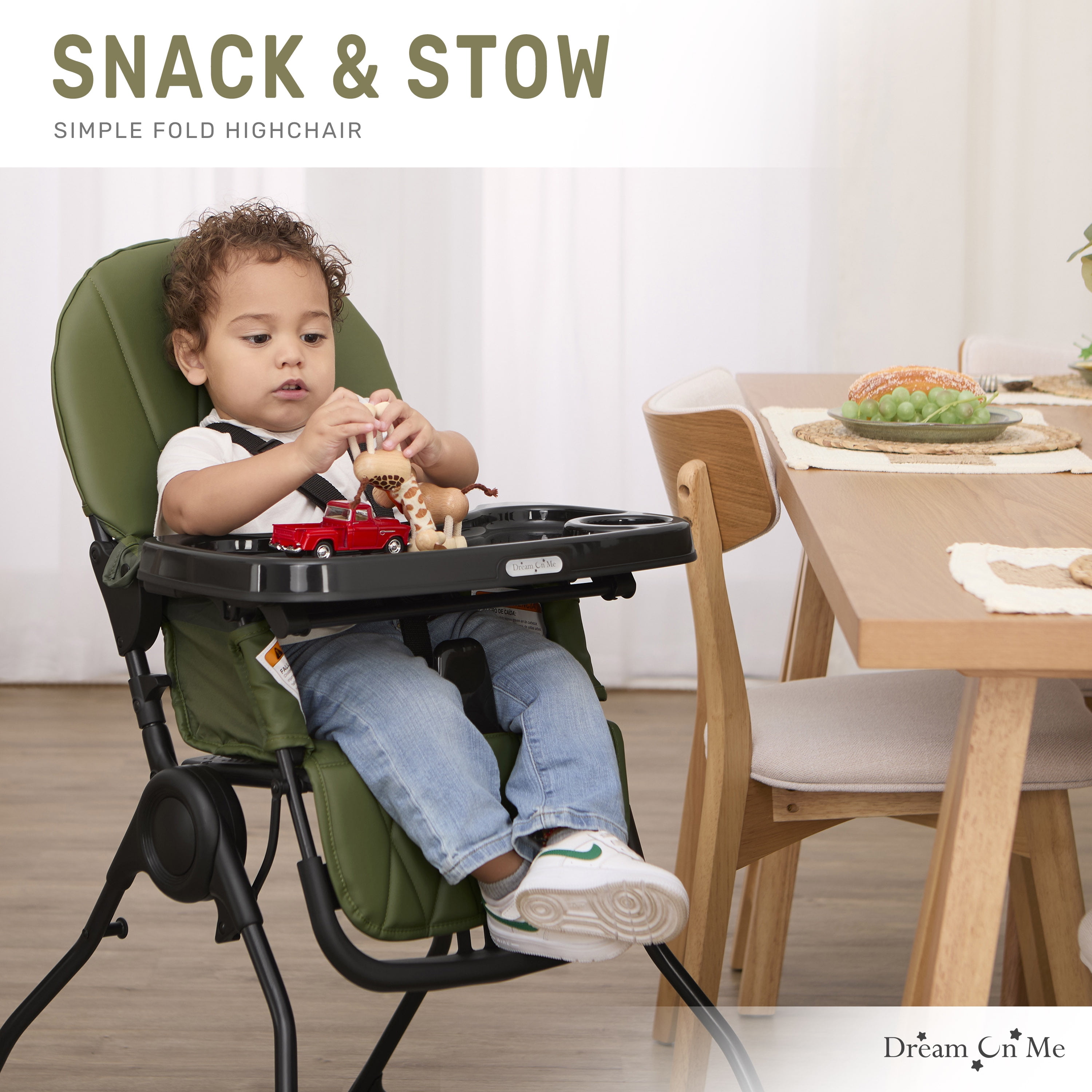 Dream On Me Snack and Stow Baby high Chair, Easy to fold and Store Travel high Chair, Removable and Three Position Adjustable Tray Portable high Chair, Olive