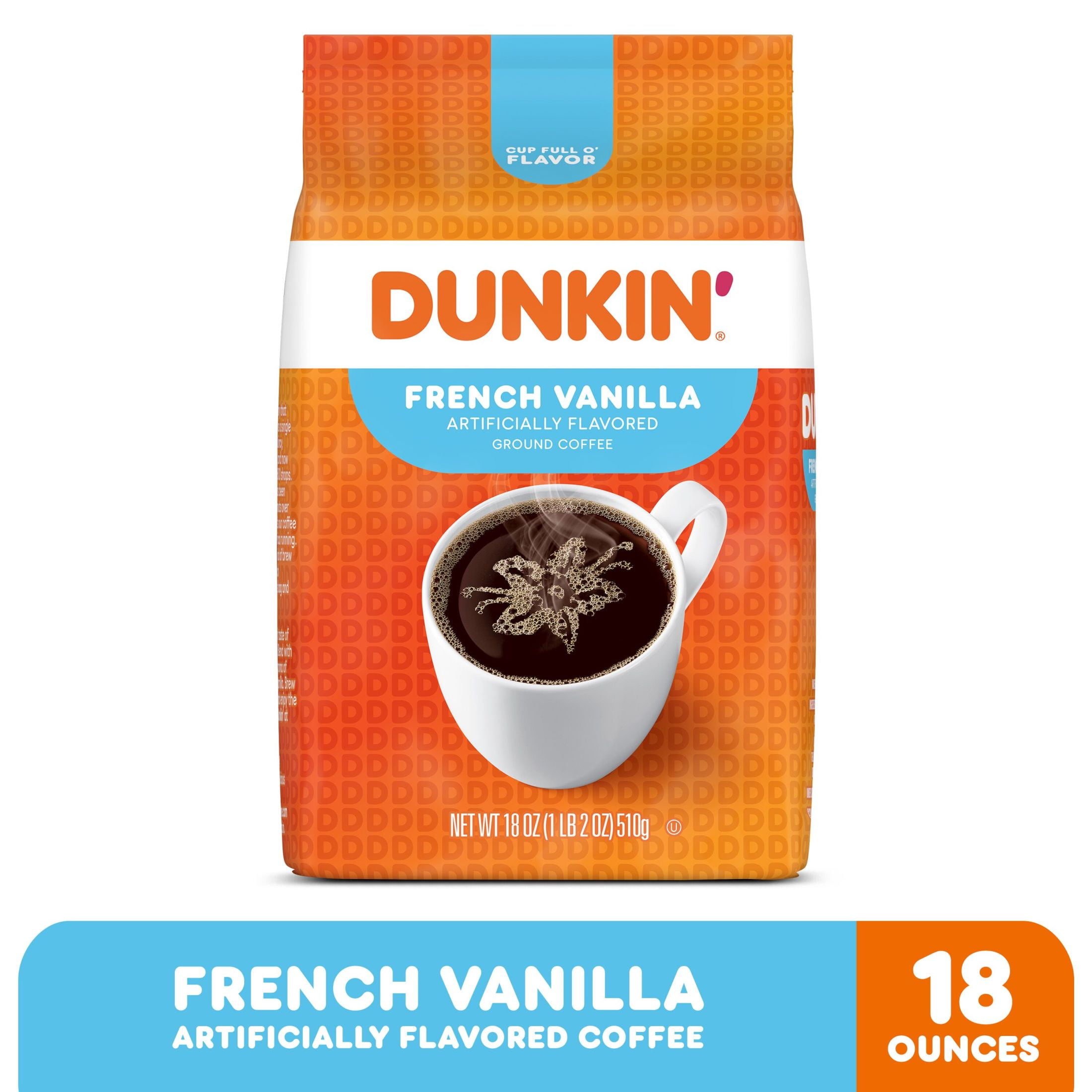 (6 pack) Dunkin’ French Vanilla Artificially Flavored Ground Coffee, 18 oz Bag
