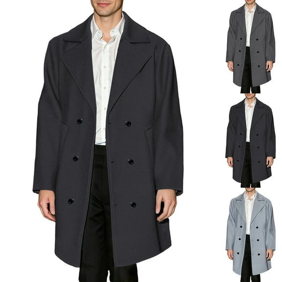 Trench Coat Men Wool Blend Coat Notched Collar Single Breasted Overcoat Business Casual Winter Jacket with Pockets - Elegant for Cold Weather Office Events, Daily Use, and Christmas Parties,Black,L