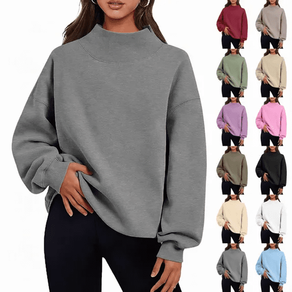 Jsaierl Womens Sweatshirts Mock Neck Drop Shoulder Pullover Top Fall Long Sleeve Ribbed Trim Split Lightweight Sweatshirt