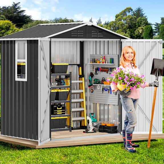 Dextrus Outdoor Storage Shed 6x4FT, Heavy Duty Metal Tool Sheds Storage House with Lockable Door & Sloped Roof for Garden, Patio, Lawn to Store Trash Bins, Tools, Gray