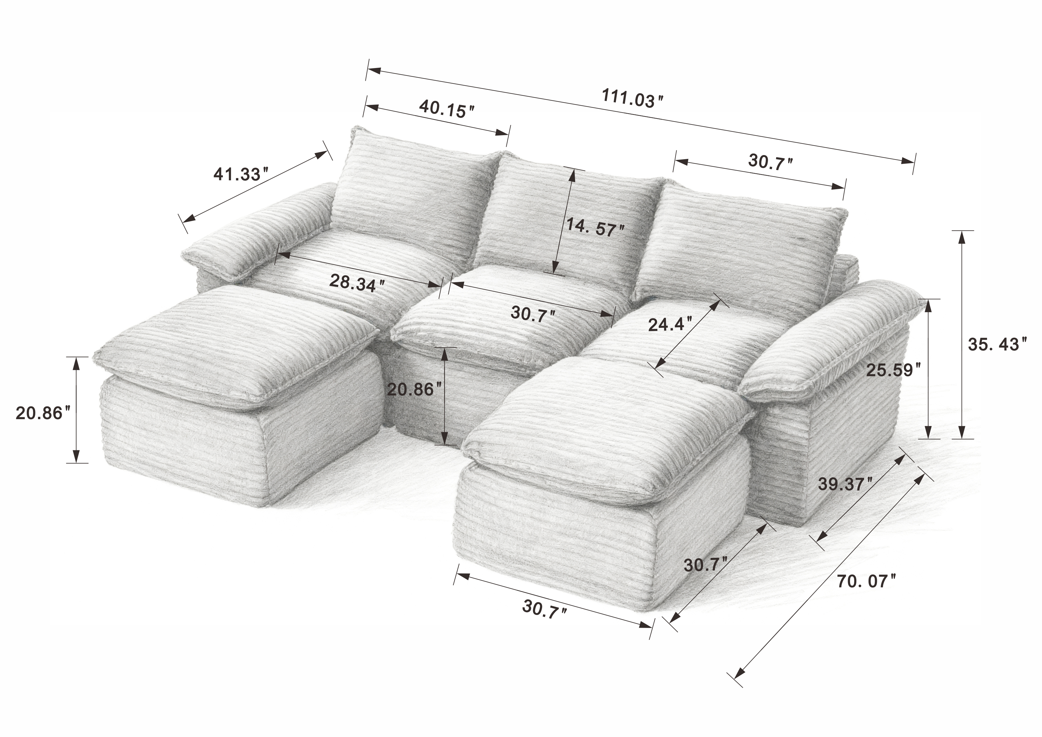 MAYEERTY Modern Modular Corduroy Sofa, Black Cloud-Soft Sectional Couch for Apartment