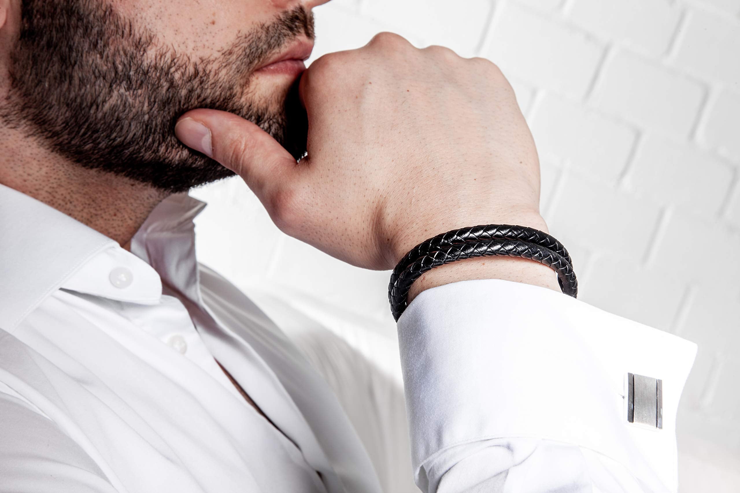 SERASAR Leather Bracelet for Men "Double" with stainless steel magnetic closure, Gold 20cm, including gift box