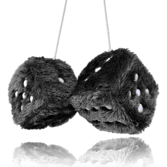 NOGIS 1 Pair 3” Light Black with White Dots Mirror Fuzzy Plush Dice, Light White and Black Soft Plush Car Decorative Hanging Ornament.