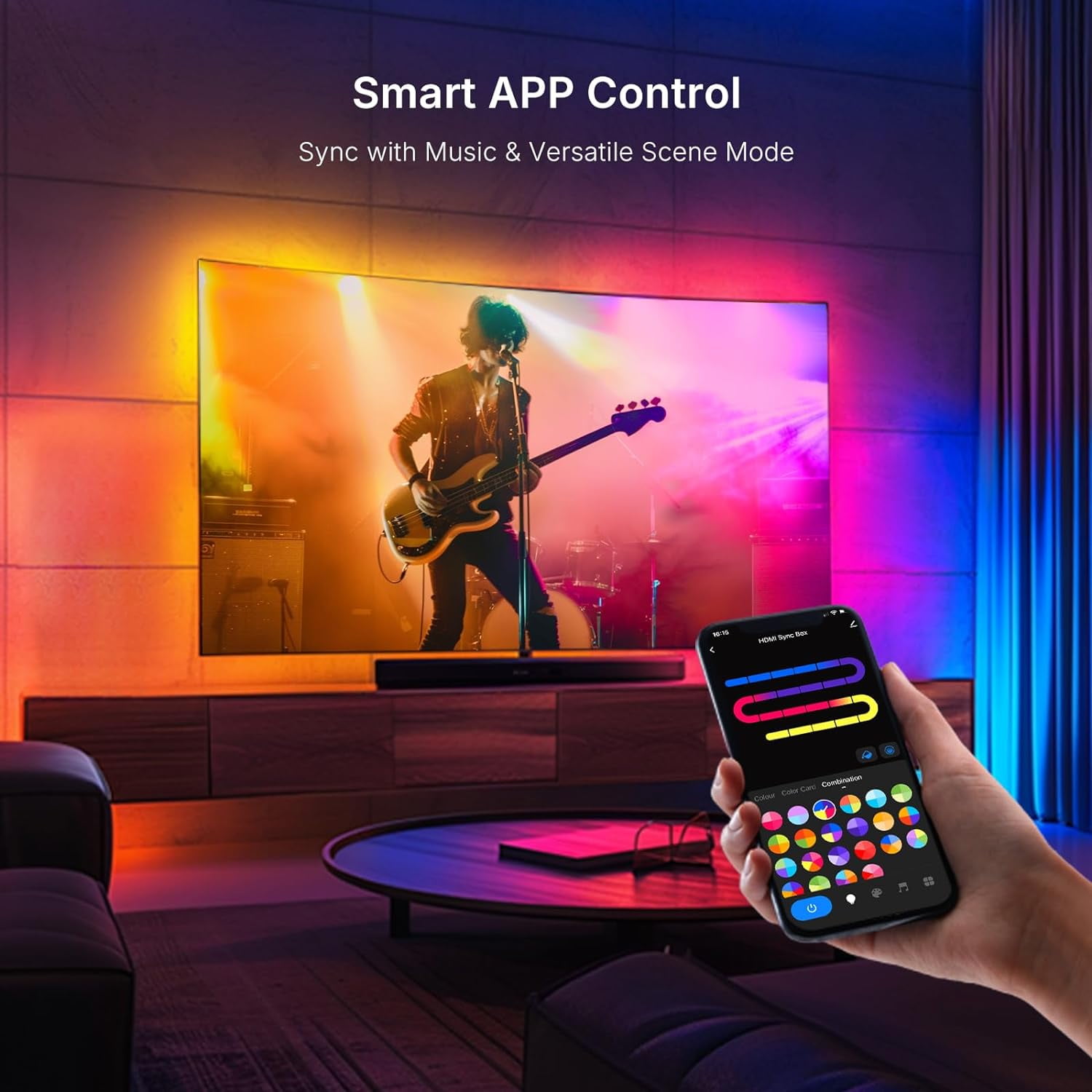 Smart TV LED Backlight with HDMI2.0 4K60Hz Sync Box, LED Strip Lights for 55-65 inch TVs, 13ft RGB&IC TV LED Lights That Change Sync with TV Picture Music Sync App Control Color Changing