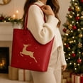 thumbnail image 4 of Christmas Reindeer Tote Bag for Women, Red Holiday Handbag with Gold Deer and Star Print, Large Festive Everyday Carry Bag, Spacious Canvas Shopping Tote with Double Handles, 4 of 6