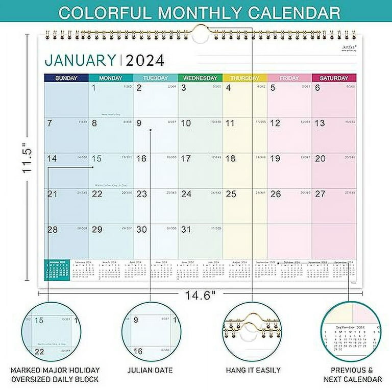 2024 Calendar - Wall Calendar 2024, Jan. 2024 - Dec. 2024, 12 Monthly  Calendar with Thick Paper, 15 x 11.5, Twin-Wire Binding + Hanging Hook +  Unruled Blocks with Julian Date - Colorful Lump 