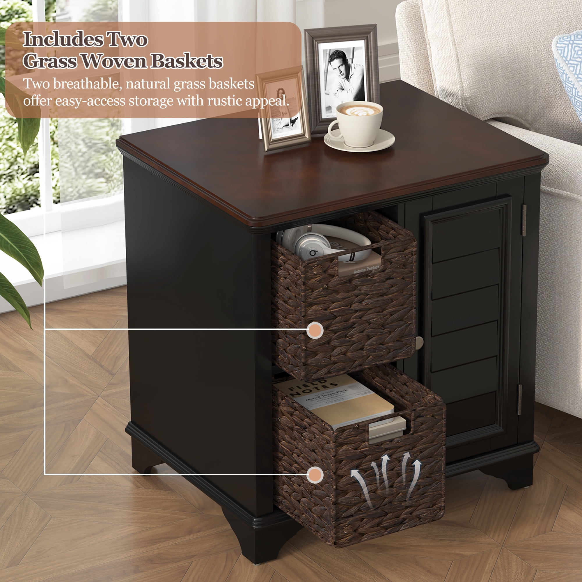 Farmhouse Nightstand,End Table Side Table with 2 Woven Grass Drawers Bedside Table for Bedroom,Closet,Dorm,Black