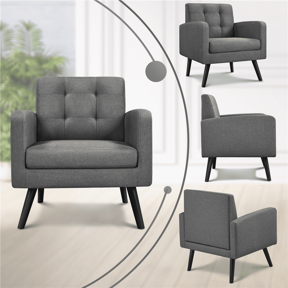 Alden Design Mid Century Modern Tufted Accent Chair with Rubberwood Legs, Set of 2, Dark Gray