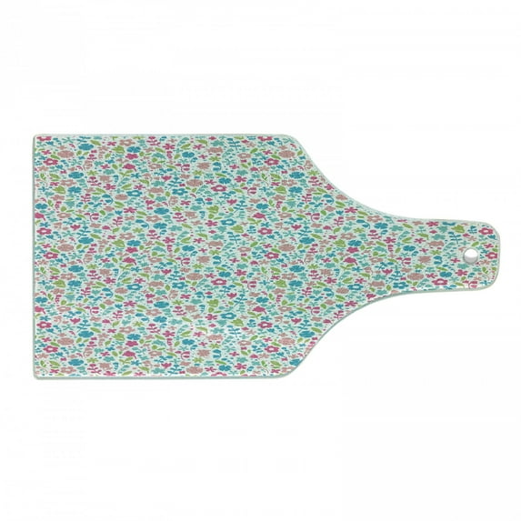 Cartoon Cutting Board, Colorful Doodle Floral Pattern Polka Dots Blooming Nature Influenced Abstract, Decorative Tempered Glass Cutting and Serving Board, Wine Bottle Shape, Multicolor, by Ambesonne