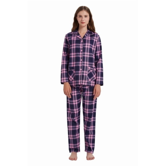 Amaxer Womens 100% Cotton Cozy Flannel Pajama Set - Long Sleeve Button-Up Top with Elastic Waist Pants, Warm & Soft Sleepwear