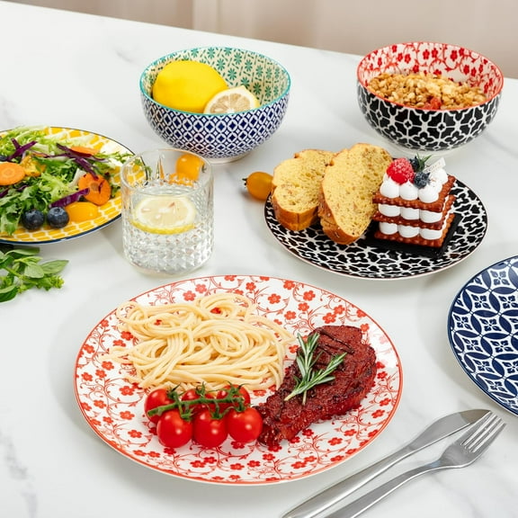 12 Pieces Ceramic Dinnerware Sets, Porcelain Round Dinner Set for 4, Microwave and Dishwasher Safe Plates and Bowls Dishes Sets, Kitchen Dinner Dinning Ware Set, Assorted Colors