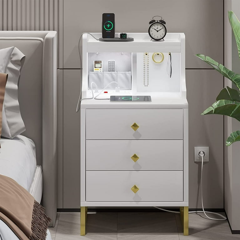 Afuhokles White Nightstand with 3 Drawer, Charging Station USB Port, Bedside  Table 