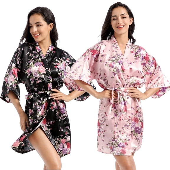 LYMAYTER Womens Fashion Nightgowns Daffodils Loungewear Short Robes Satin Cardigan Bathrobe Sleepwear M-2XL