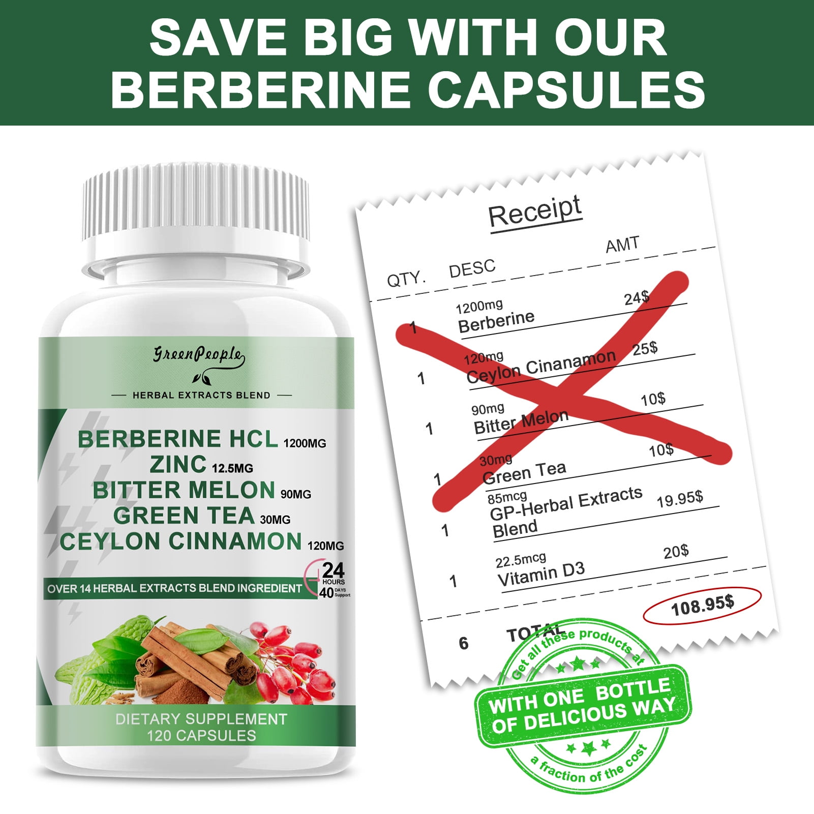GREENPEOPLE Berberine Supplement 1200mg with Ceylon Cinnamon, 120 Count